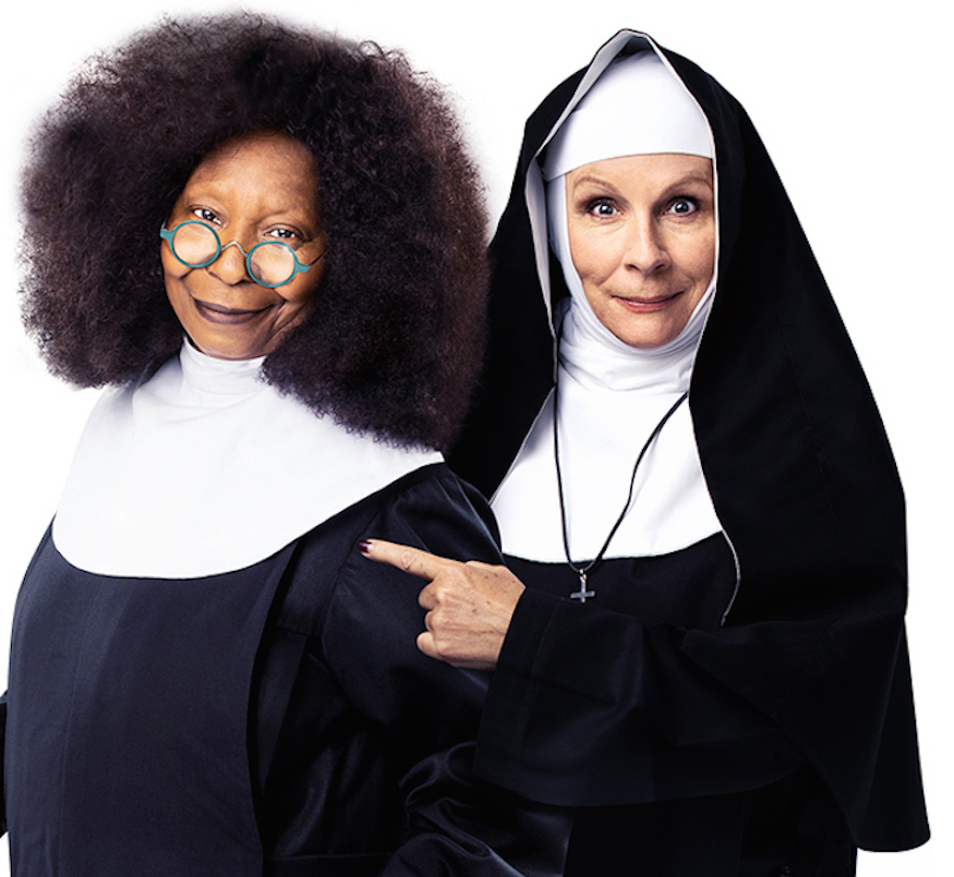 Whoopi Goldberg e Jennifer Saunders caracterizadas como Deloris e Madre Superiora
